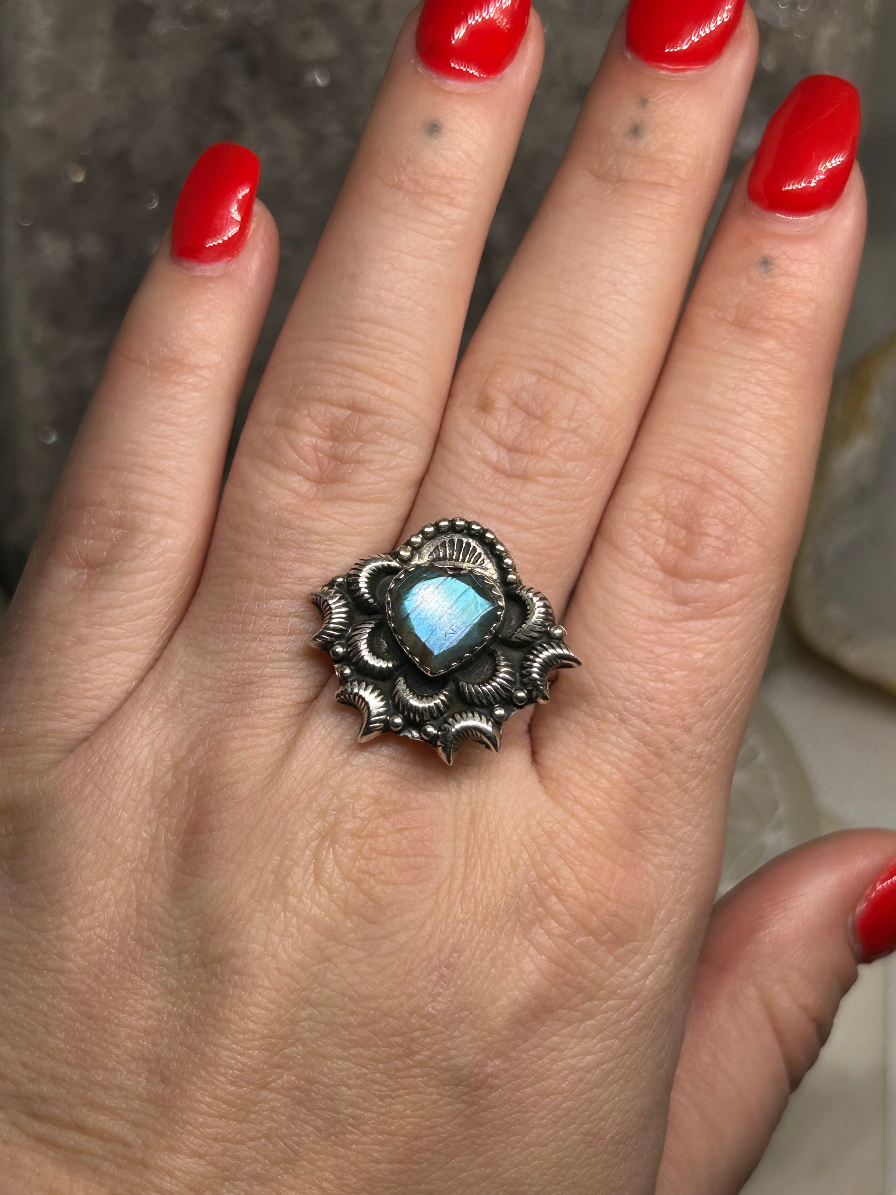 Hand Crafted Labradorite Heart Ring 925