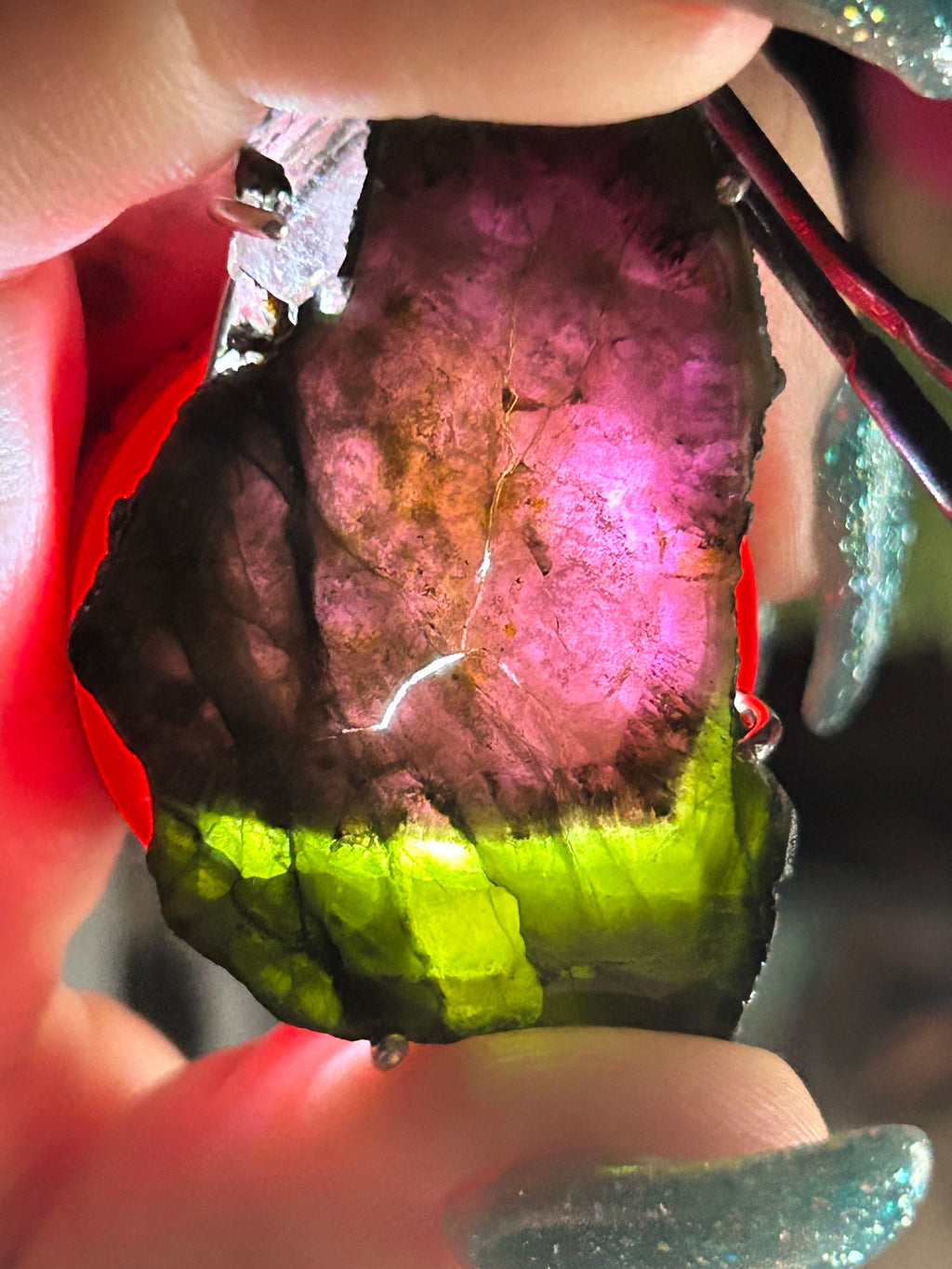 Statement Watermelon Tourmaline Slice Pendant 925