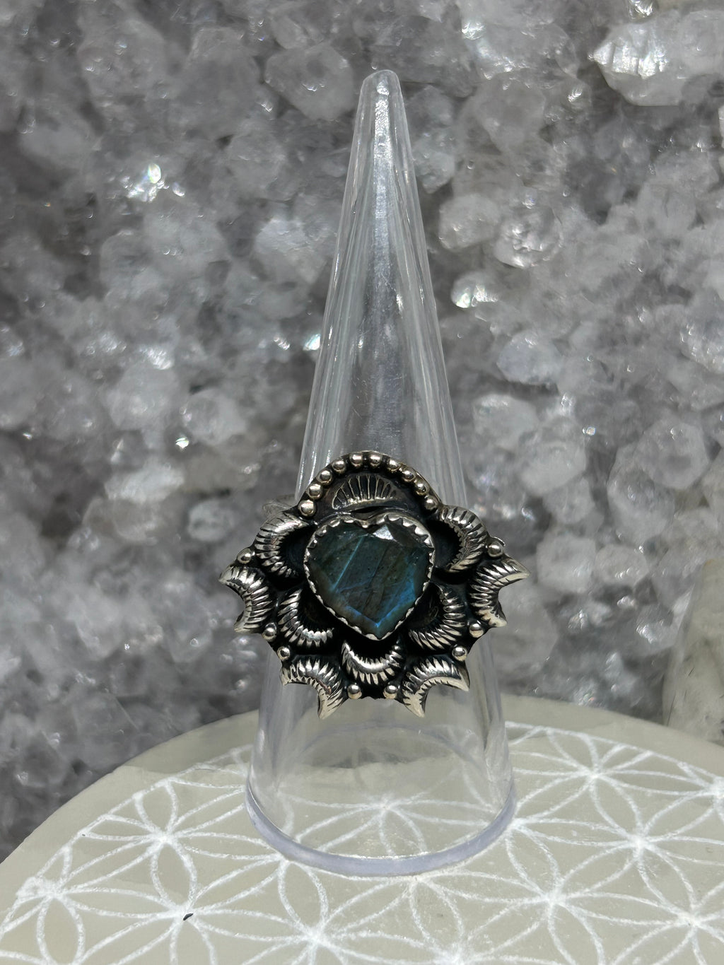 Hand Crafted Labradorite Heart Ring 925