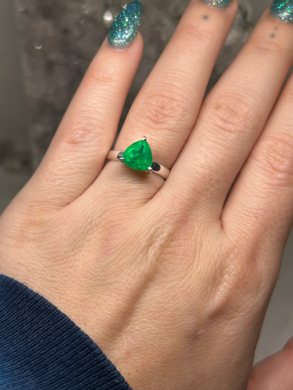 Trillion Cut Colombian Emerald Ring
