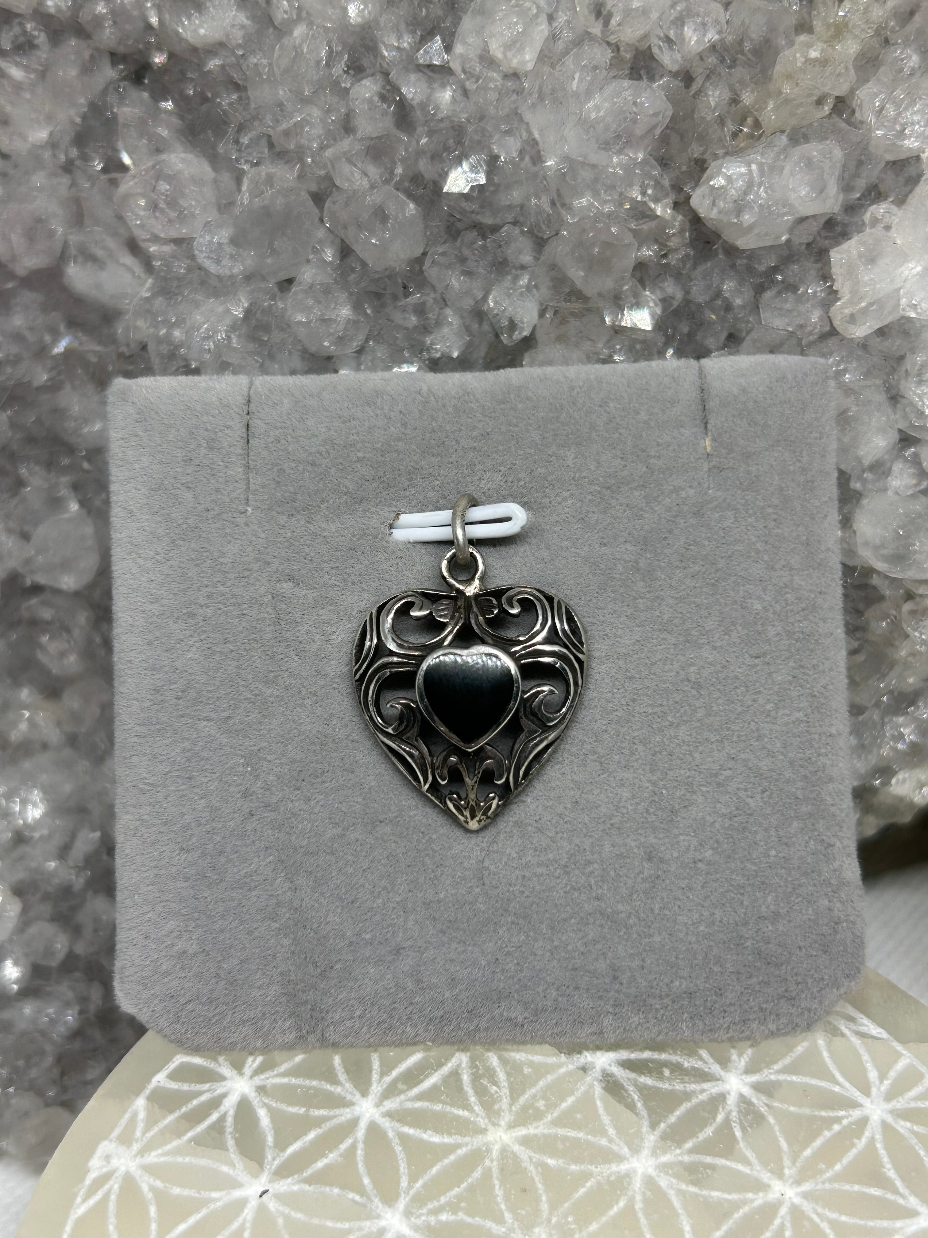 Vintage Black Onyx Filigree Heart Pendant 925
