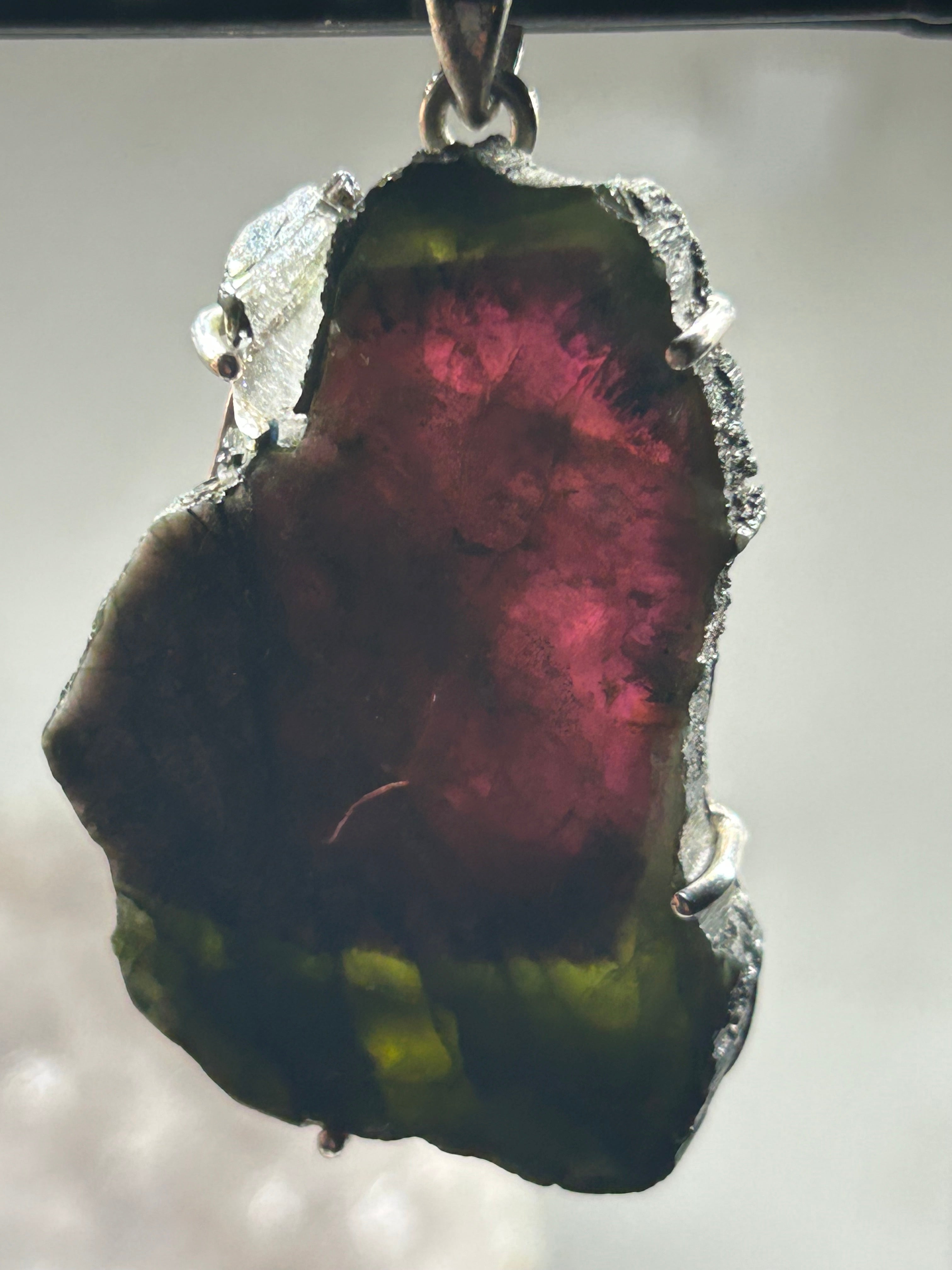 Statement Watermelon Tourmaline Slice Pendant 925