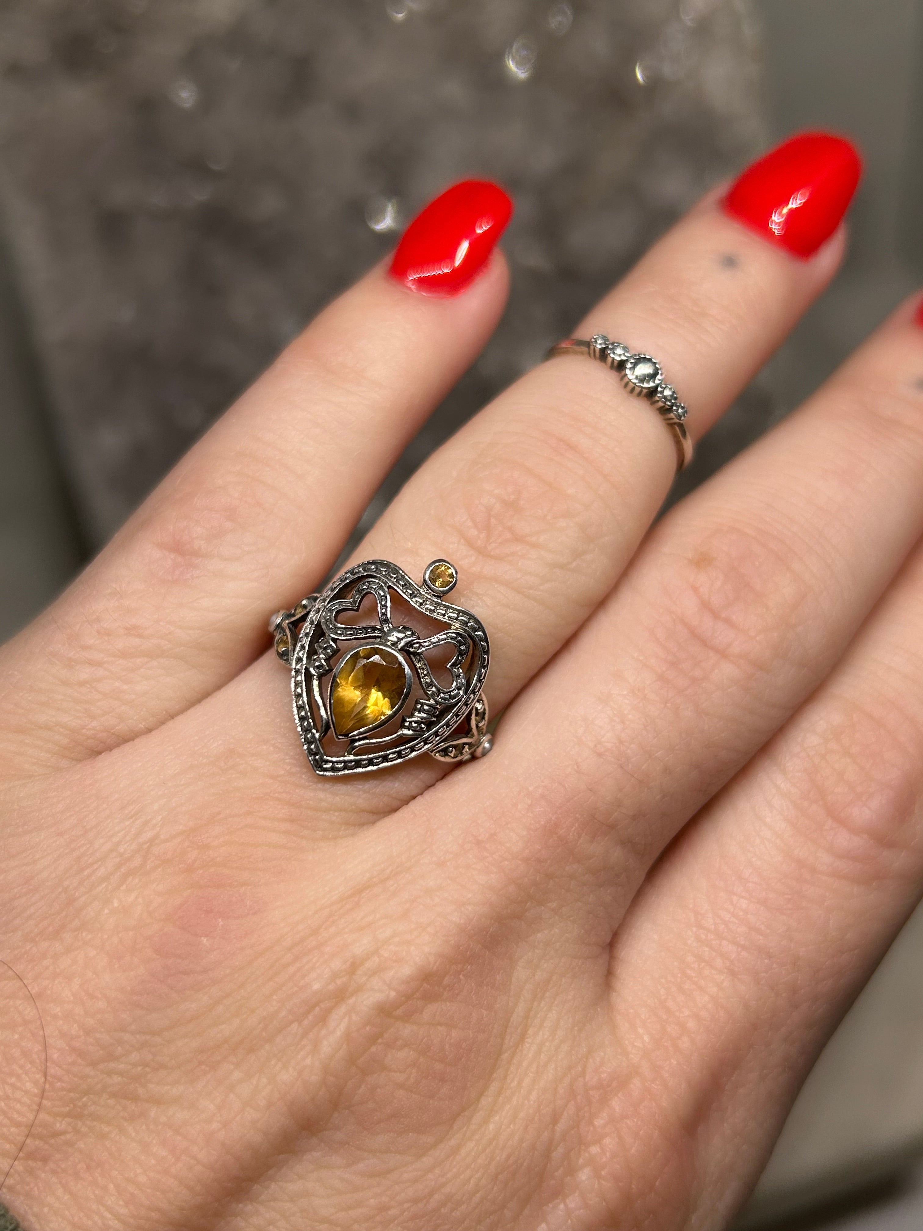 Vintage Citrine Heart Ring 925
