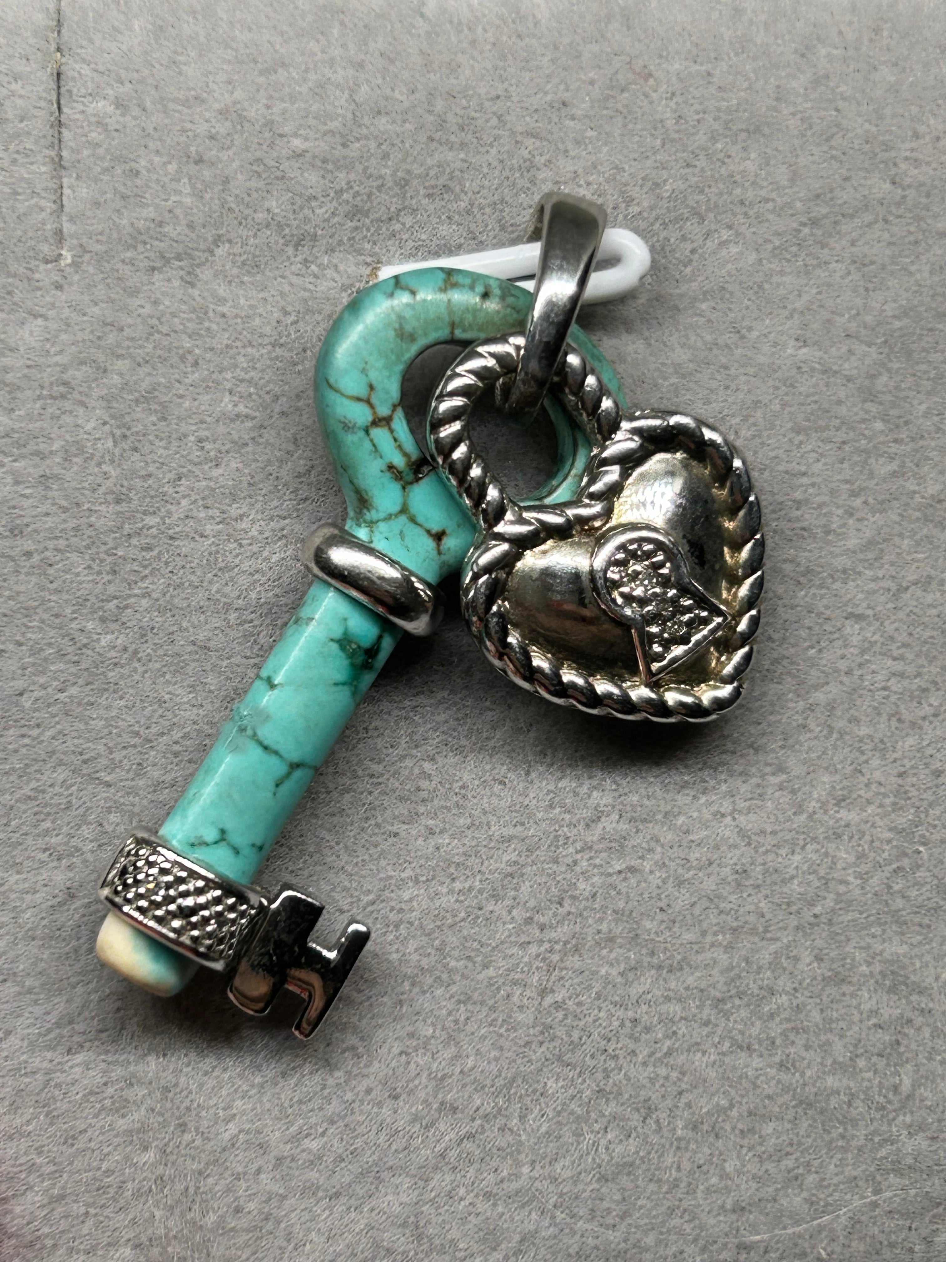 Vintage Turquoise Heart Lock &  Key Pendant
