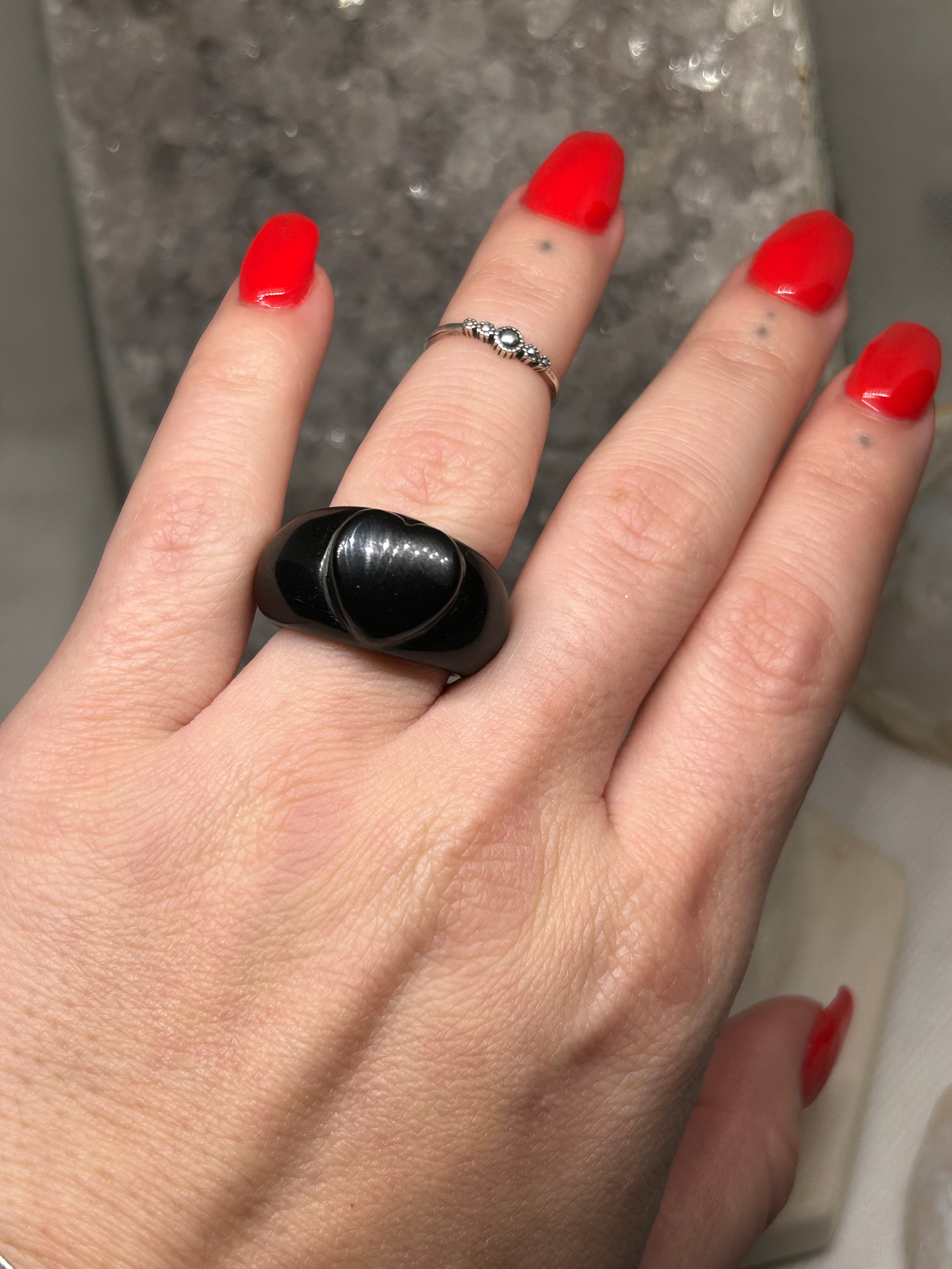 Vintage Black Onyx Carved Heart Ring