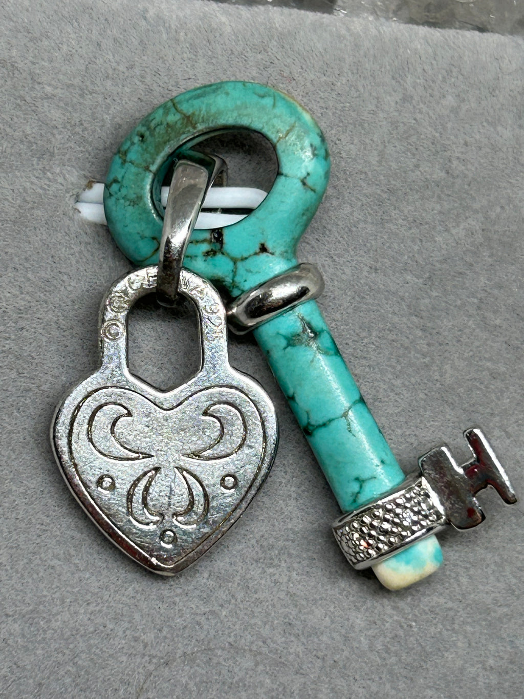Vintage Turquoise Heart Lock &  Key Pendant