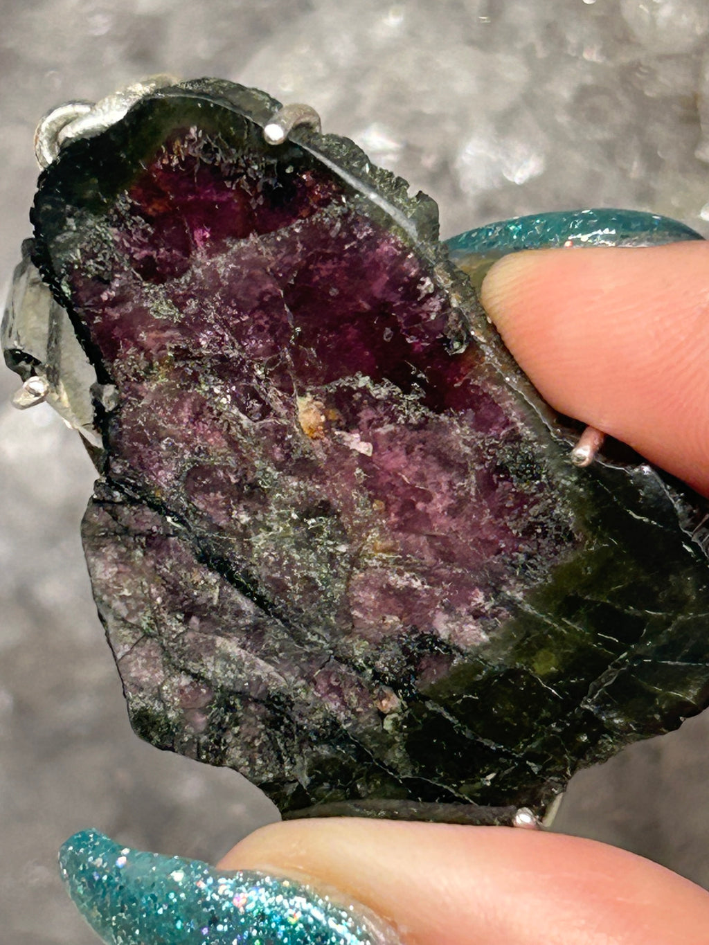 Statement Watermelon Tourmaline Slice Pendant 925