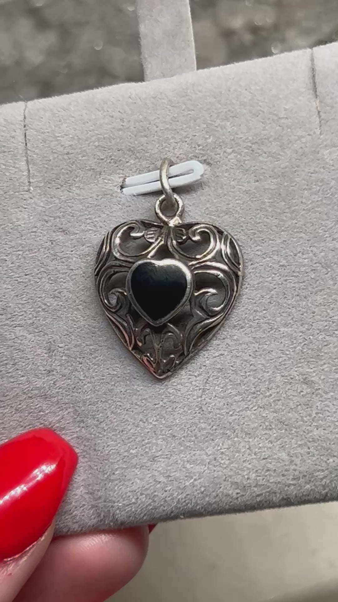 Vintage Black Onyx Filigree Heart Pendant 925